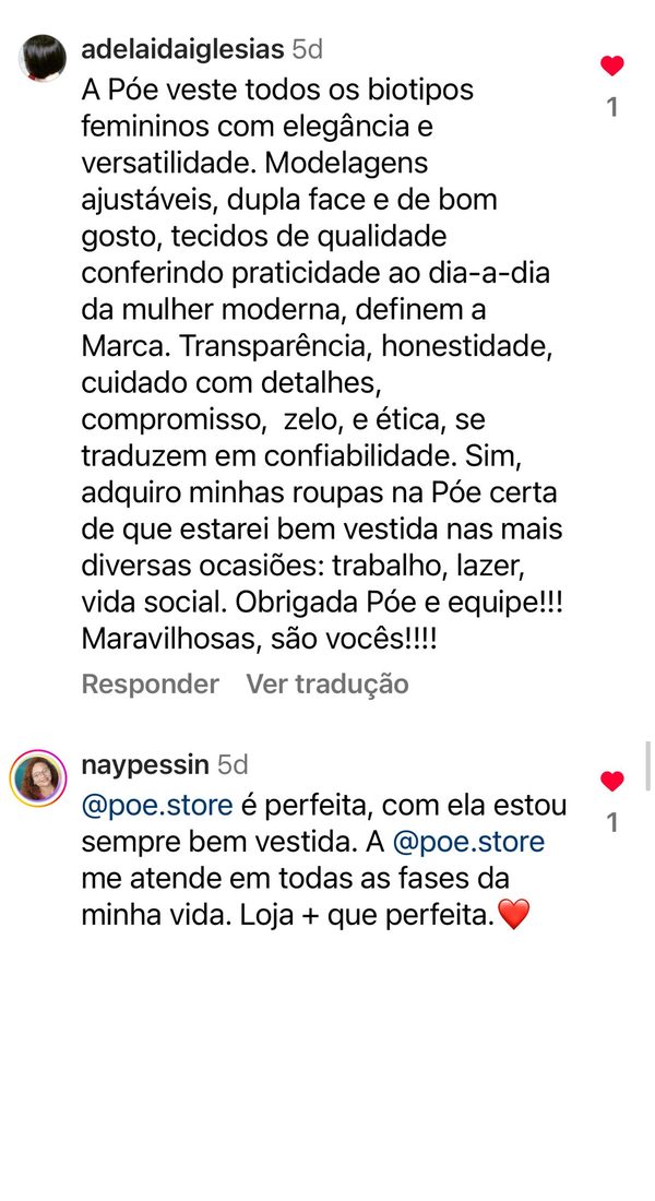 Comentários de clientes: veste todos os biotipos com elegância, me atende em todas as fases da vida