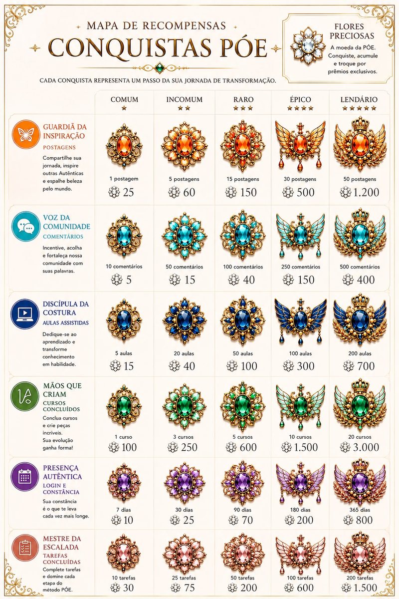 Mapa de recompensas Conquistas PÓE, com pedras preciosas do nível comum ao lendário